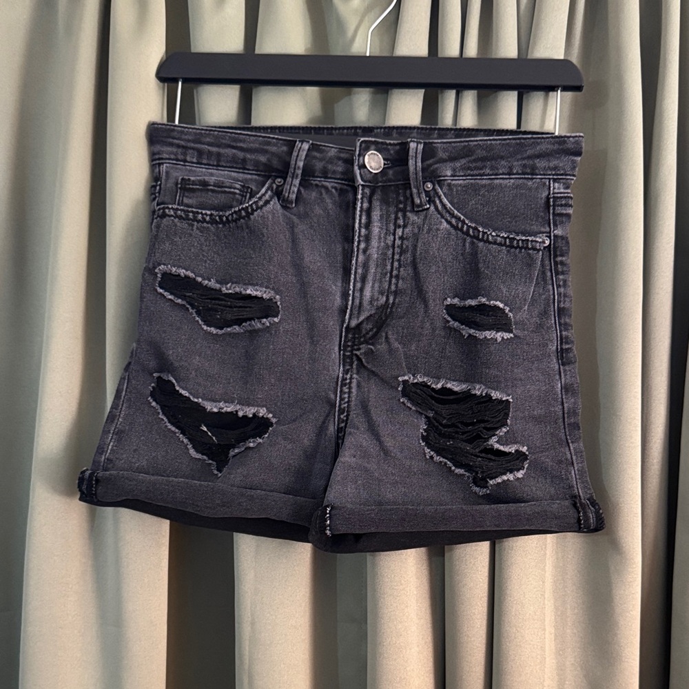 Edgy Charcoal Distressed Denim Shorts